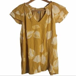 A New Day Yellow Floral Flutter Sleeve V Neck Flowy Top S Small
